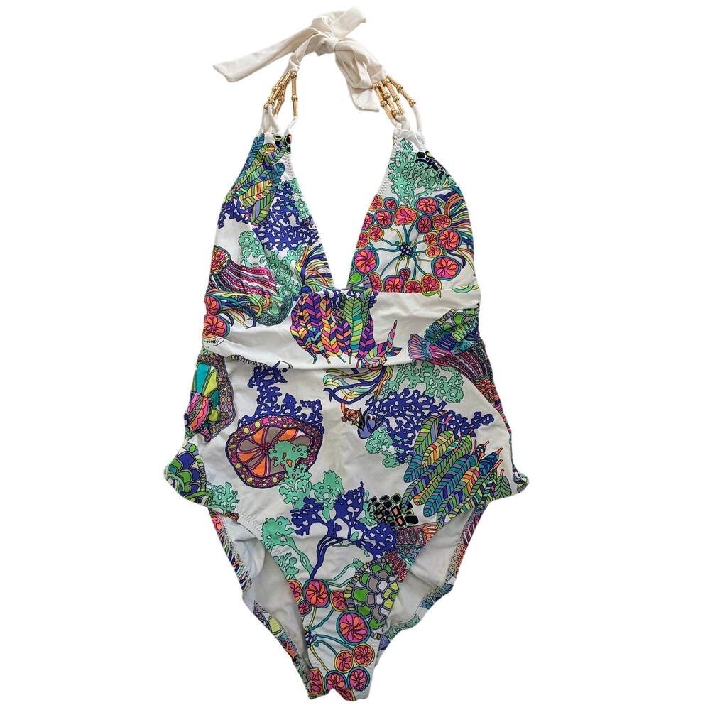 Trina Turk One Piece Swimsuit Size 10 Floral Halter Beaded Resort Swim NWOT